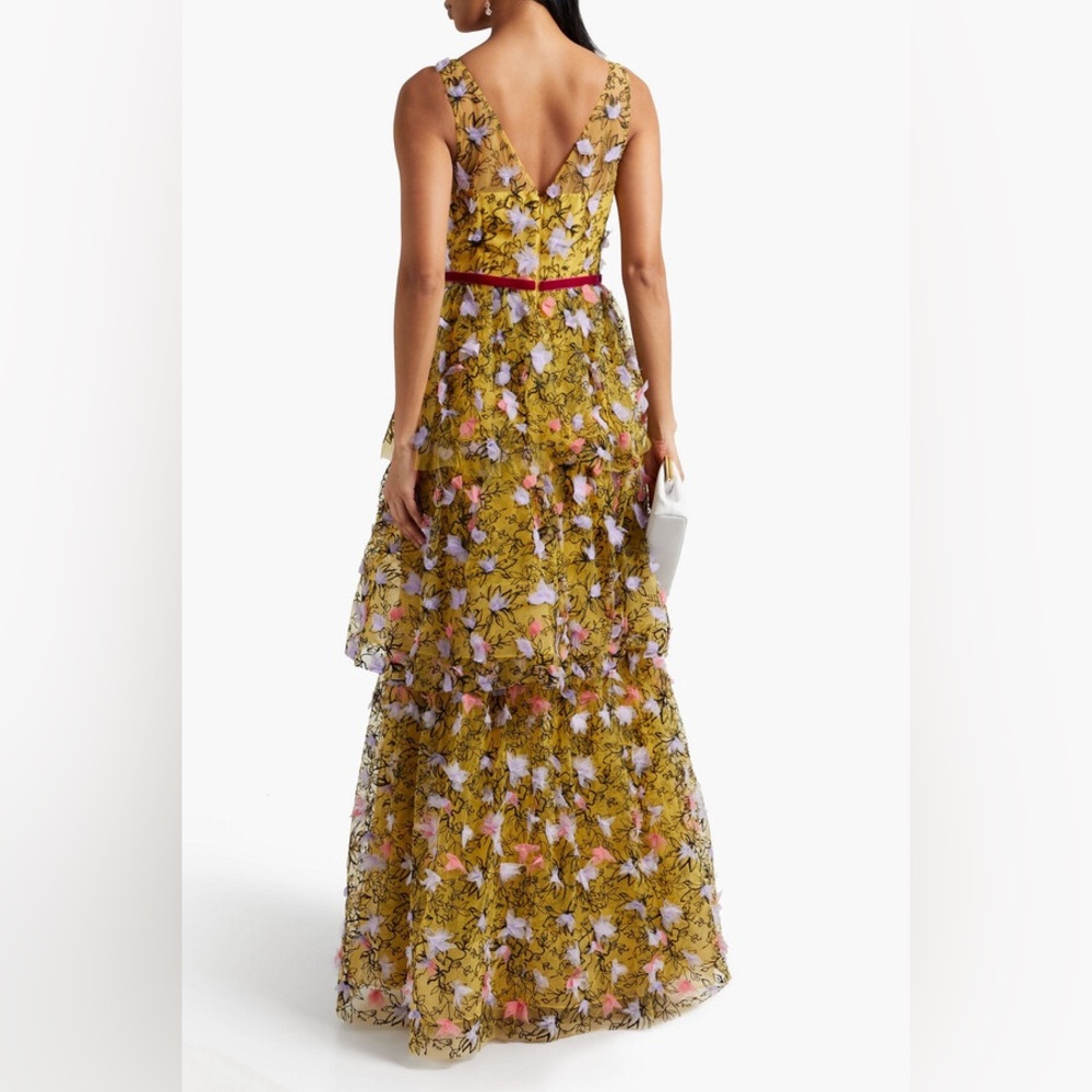 Marchesa Yellow Floral V-Neck Tiered Maxi with Pink Belt - Picture 2 of 11
